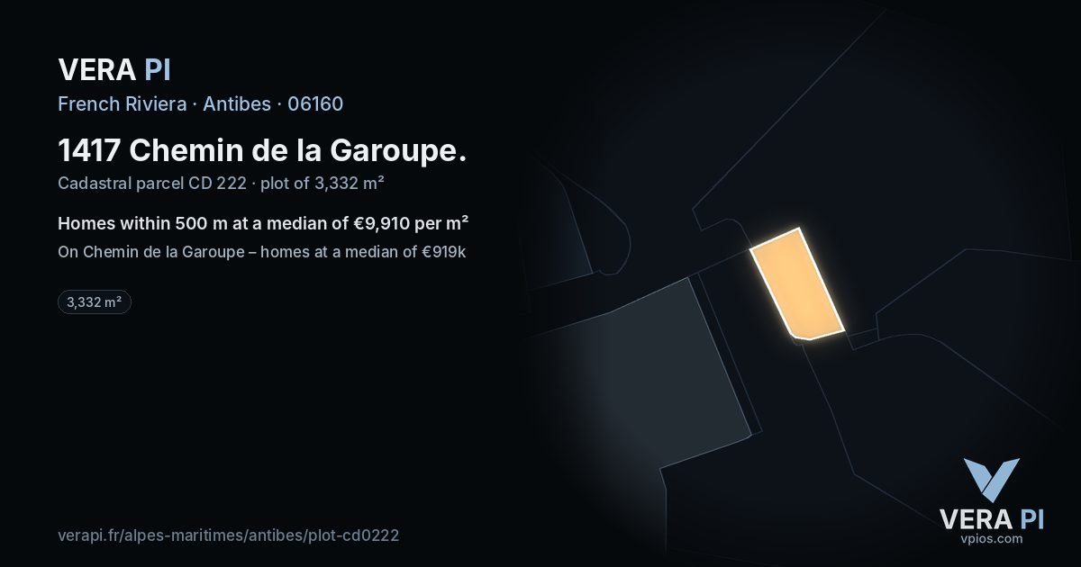 1417 Chemin de la Garoupe, Antibes at night – the plot lit, the parcels around coloured by the prices near them