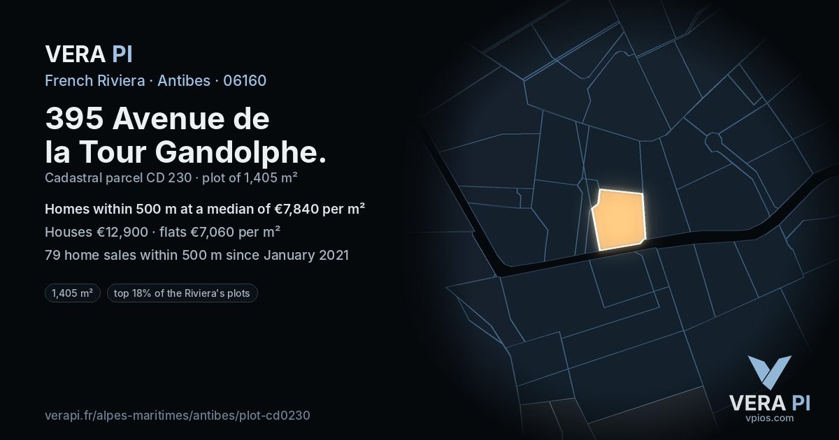 395 Avenue de la Tour Gandolphe, Antibes at night – the plot lit, the parcels around coloured by the prices near them