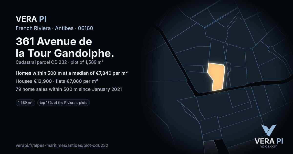 361 Avenue de la Tour Gandolphe, Antibes at night – the plot lit, the parcels around coloured by the prices near them