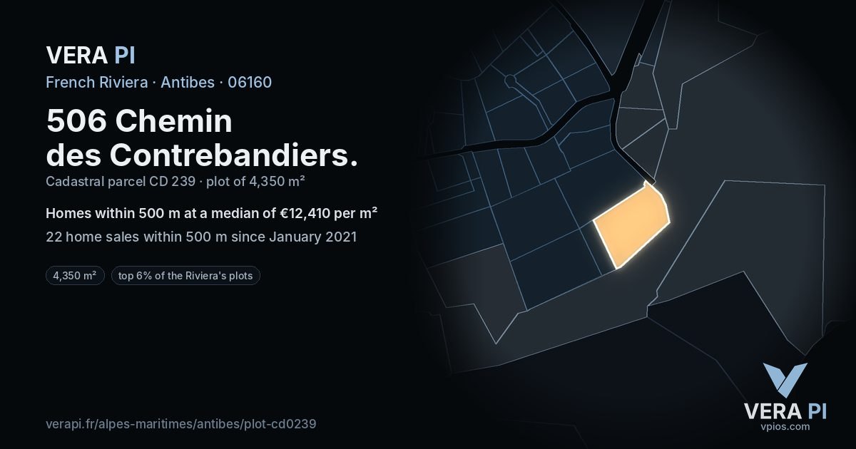 506 Chemin des Contrebandiers, Antibes at night – the plot lit, the parcels around coloured by the prices near them