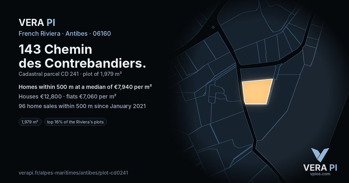 143 Chemin des Contrebandiers, Antibes at night – the plot lit, the parcels around coloured by the prices near them