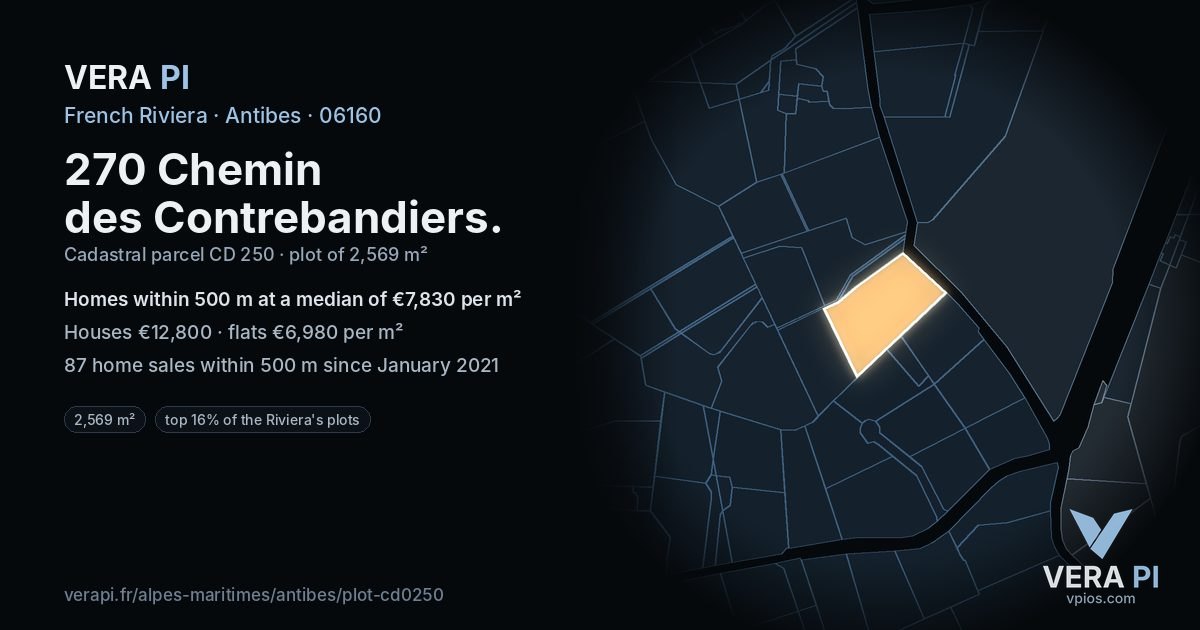 270 Chemin des Contrebandiers, Antibes at night – the plot lit, the parcels around coloured by the prices near them