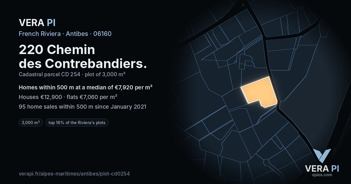 220 Chemin des Contrebandiers, Antibes at night – the plot lit, the parcels around coloured by the prices near them