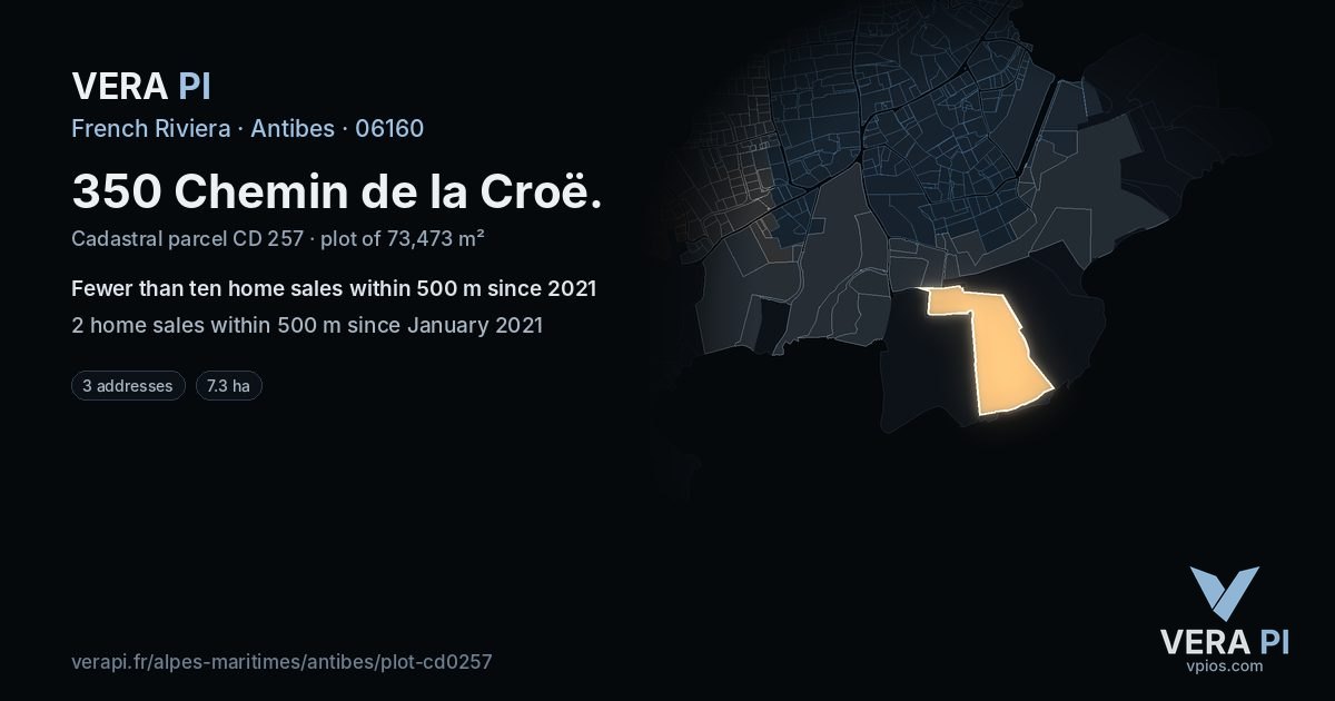 350 Chemin de la Croë, Antibes at night – the plot lit, the parcels around coloured by the prices near them
