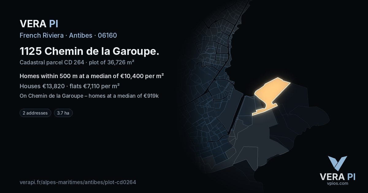 1125 Chemin de la Garoupe, Antibes at night – the plot lit, the parcels around coloured by the prices near them