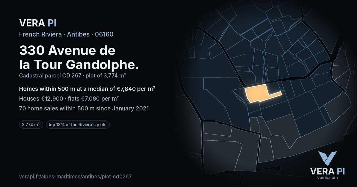330 Avenue de la Tour Gandolphe, Antibes at night – the plot lit, the parcels around coloured by the prices near them