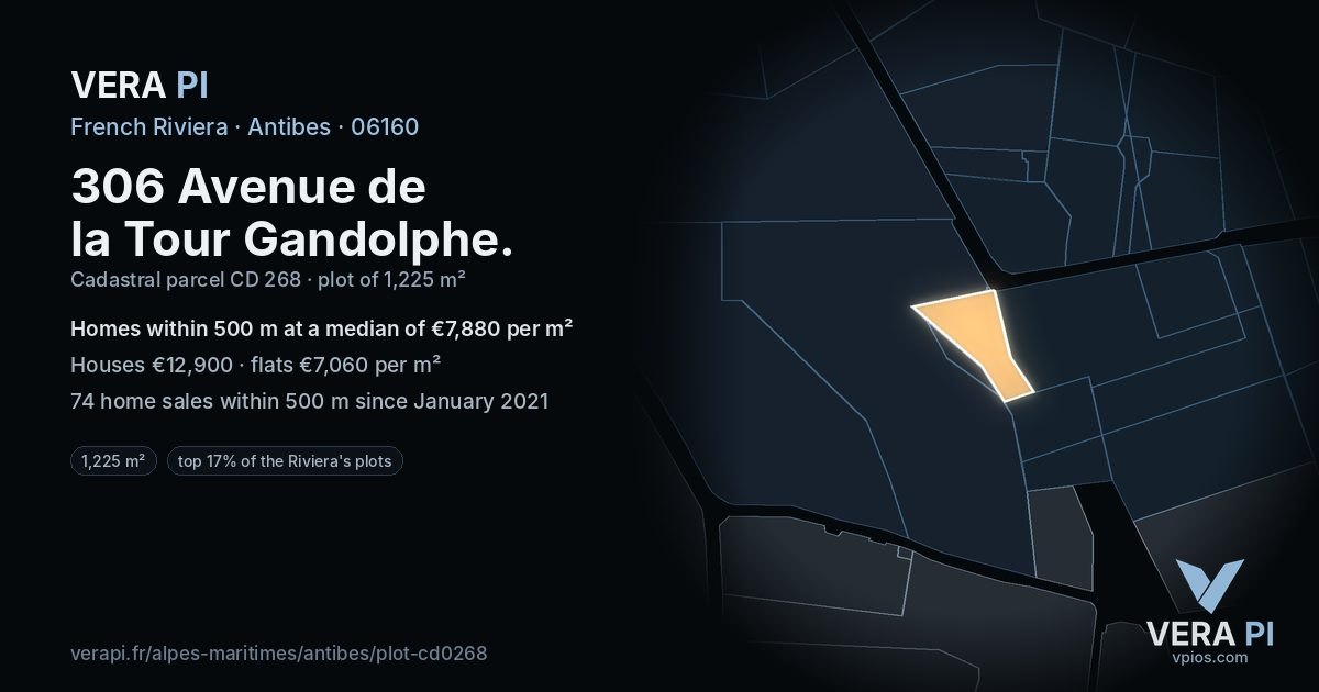 306 Avenue de la Tour Gandolphe, Antibes at night – the plot lit, the parcels around coloured by the prices near them