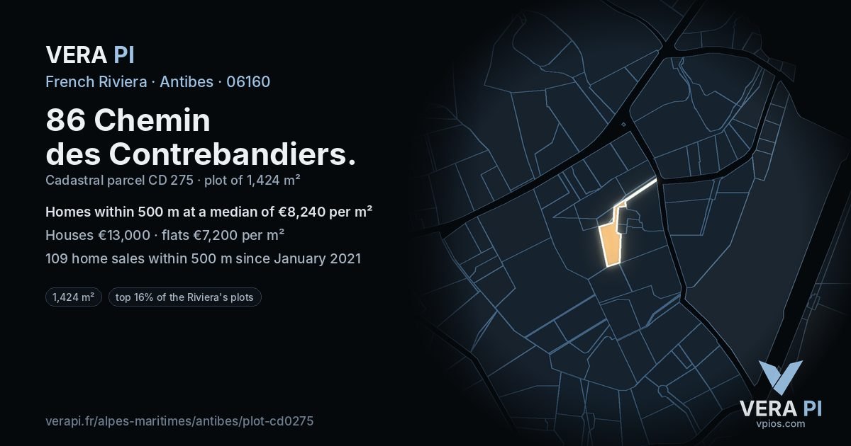 86 Chemin des Contrebandiers, Antibes at night – the plot lit, the parcels around coloured by the prices near them