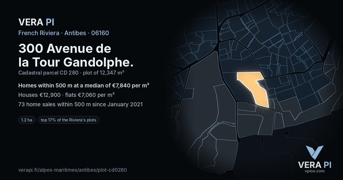 300 Avenue de la Tour Gandolphe, Antibes at night – the plot lit, the parcels around coloured by the prices near them