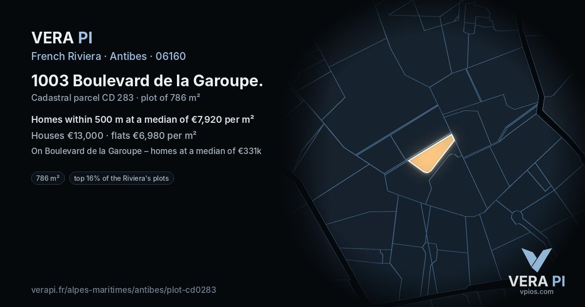 1003 Boulevard de la Garoupe, Antibes at night – the plot lit, the parcels around coloured by the prices near them