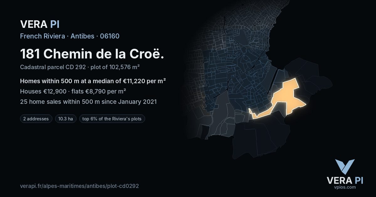 181 Chemin de la Croë, Antibes at night – the plot lit, the parcels around coloured by the prices near them