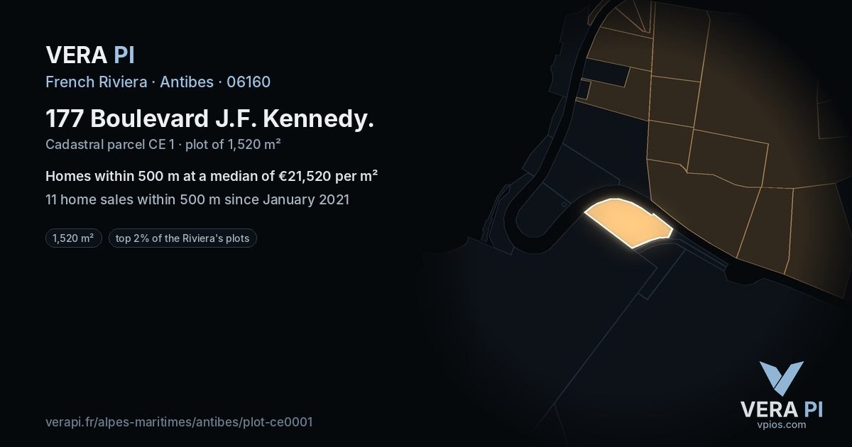 177 Boulevard J.F. Kennedy, Antibes at night – the plot lit, the parcels around coloured by the prices near them