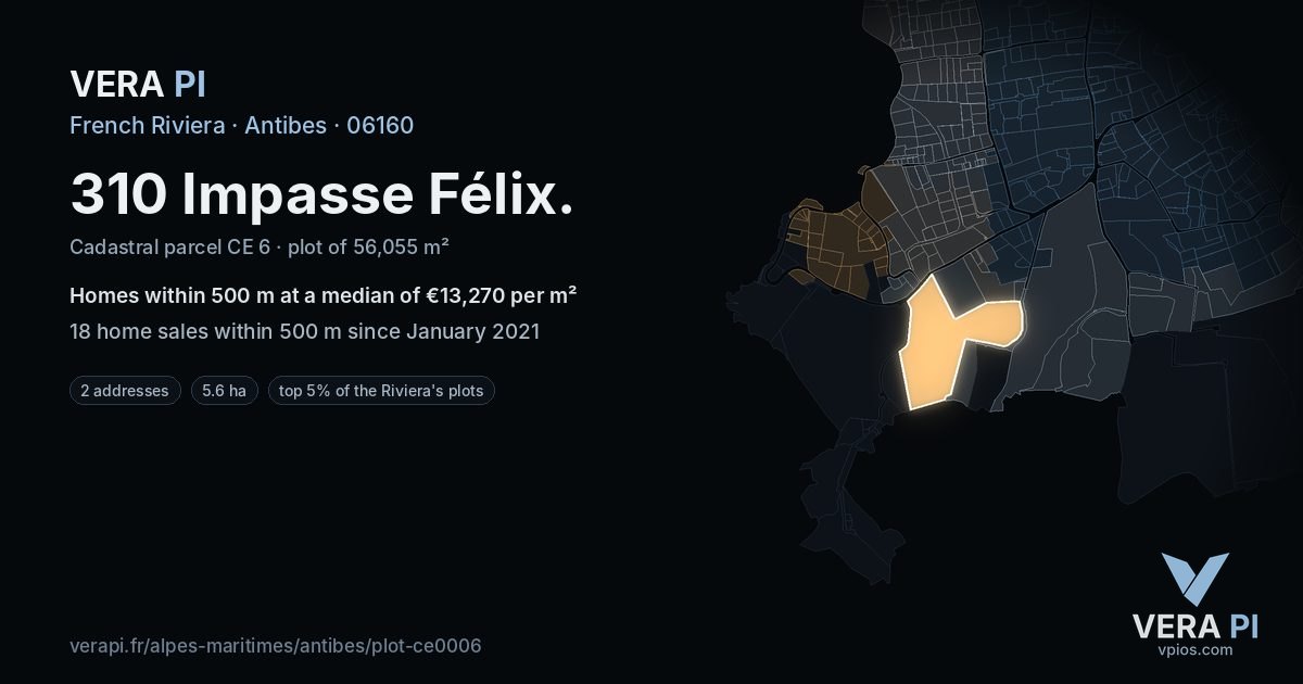 310 Impasse Félix, Antibes at night – the plot lit, the parcels around coloured by the prices near them