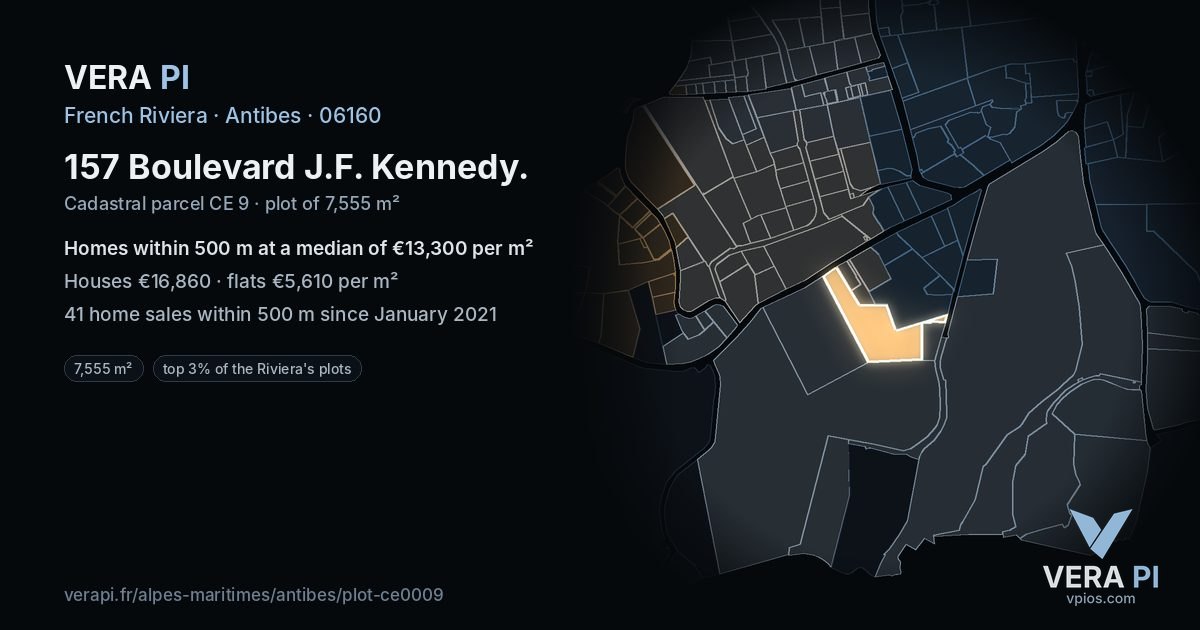 157 Boulevard J.F. Kennedy, Antibes at night – the plot lit, the parcels around coloured by the prices near them