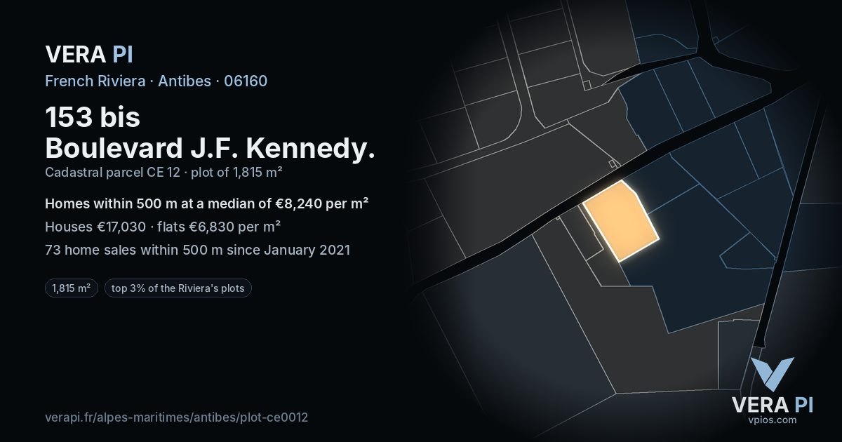 153 bis Boulevard J.F. Kennedy, Antibes at night – the plot lit, the parcels around coloured by the prices near them