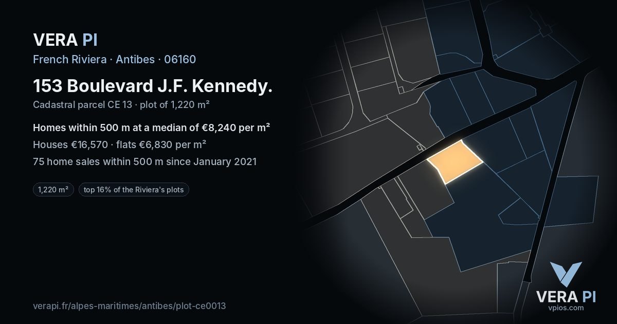 153 Boulevard J.F. Kennedy, Antibes at night – the plot lit, the parcels around coloured by the prices near them