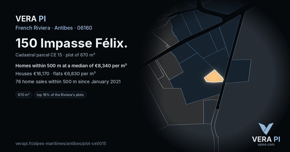 150 Impasse Félix, Antibes at night – the plot lit, the parcels around coloured by the prices near them