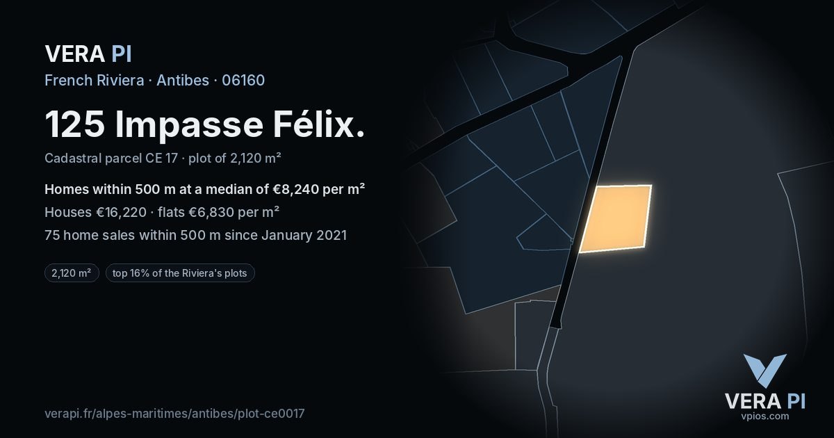 125 Impasse Félix, Antibes at night – the plot lit, the parcels around coloured by the prices near them