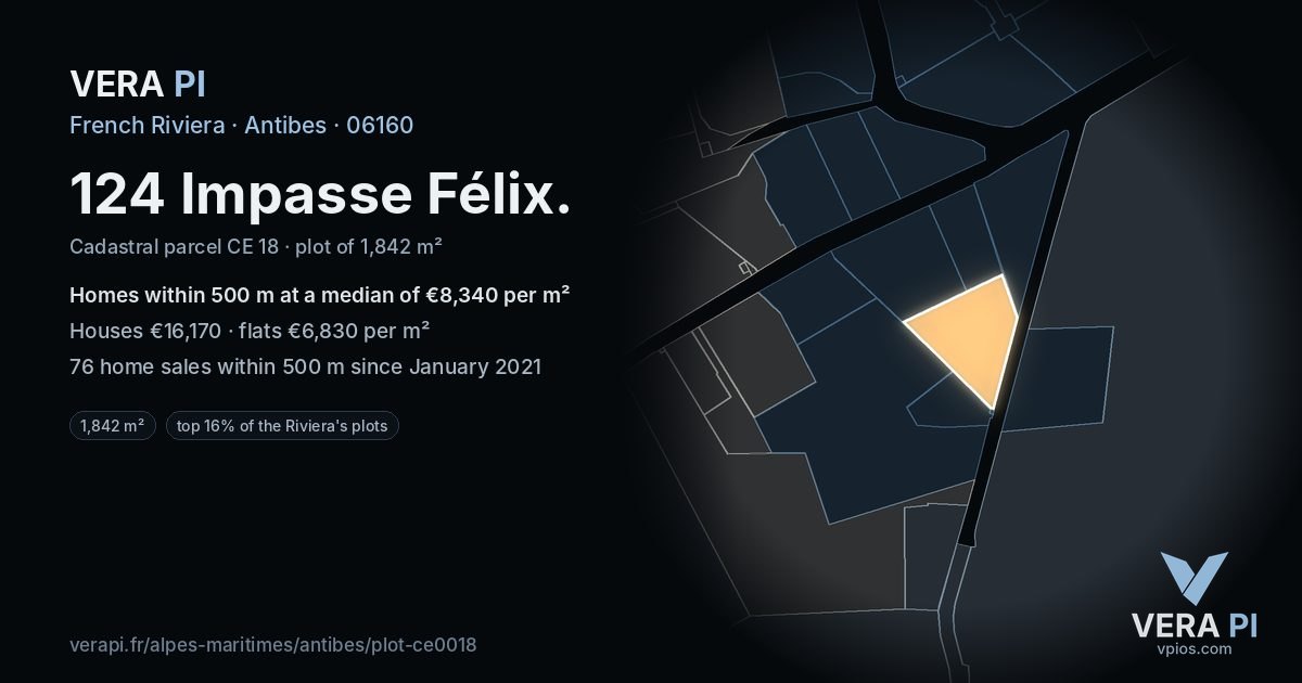 124 Impasse Félix, Antibes at night – the plot lit, the parcels around coloured by the prices near them