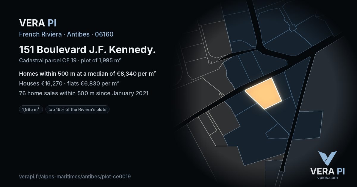 151 Boulevard J.F. Kennedy, Antibes at night – the plot lit, the parcels around coloured by the prices near them