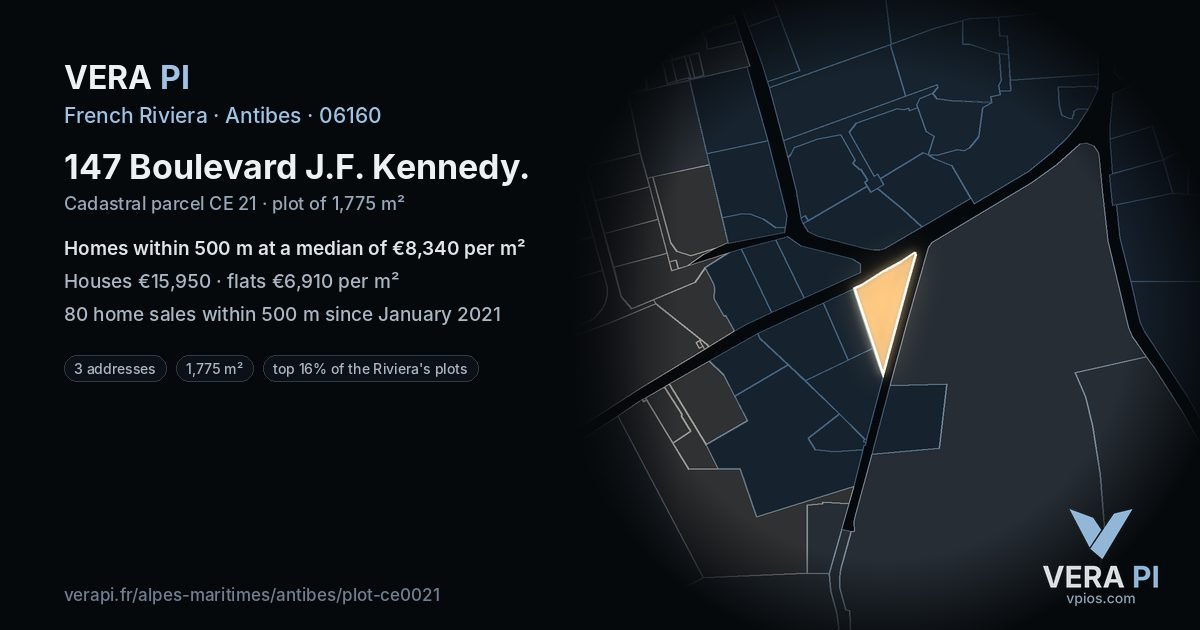 147 Boulevard J.F. Kennedy, Antibes at night – the plot lit, the parcels around coloured by the prices near them