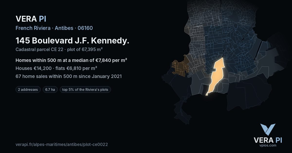 145 Boulevard J.F. Kennedy, Antibes at night – the plot lit, the parcels around coloured by the prices near them