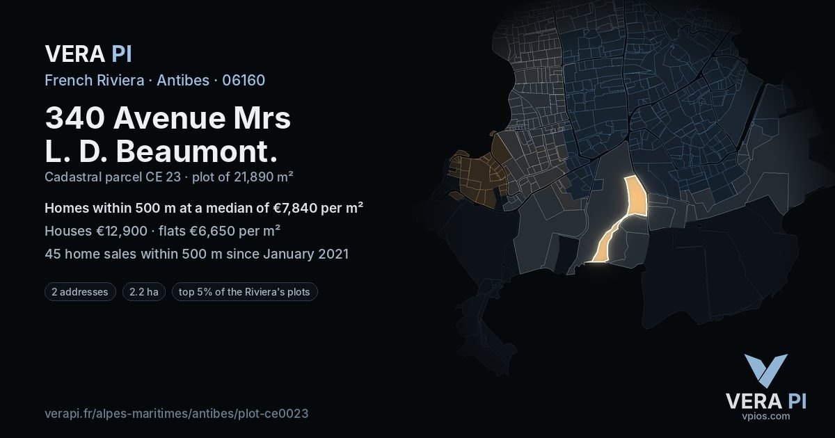 340 Avenue Mrs L. D. Beaumont, Antibes at night – the plot lit, the parcels around coloured by the prices near them