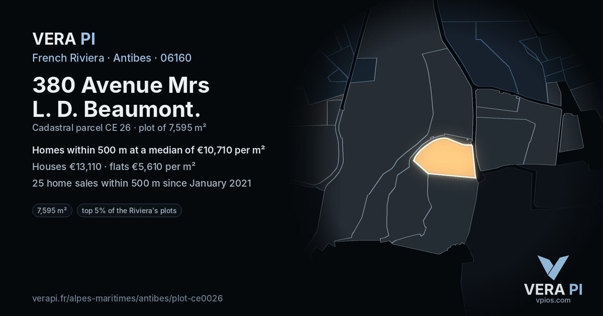 380 Avenue Mrs L. D. Beaumont, Antibes at night – the plot lit, the parcels around coloured by the prices near them