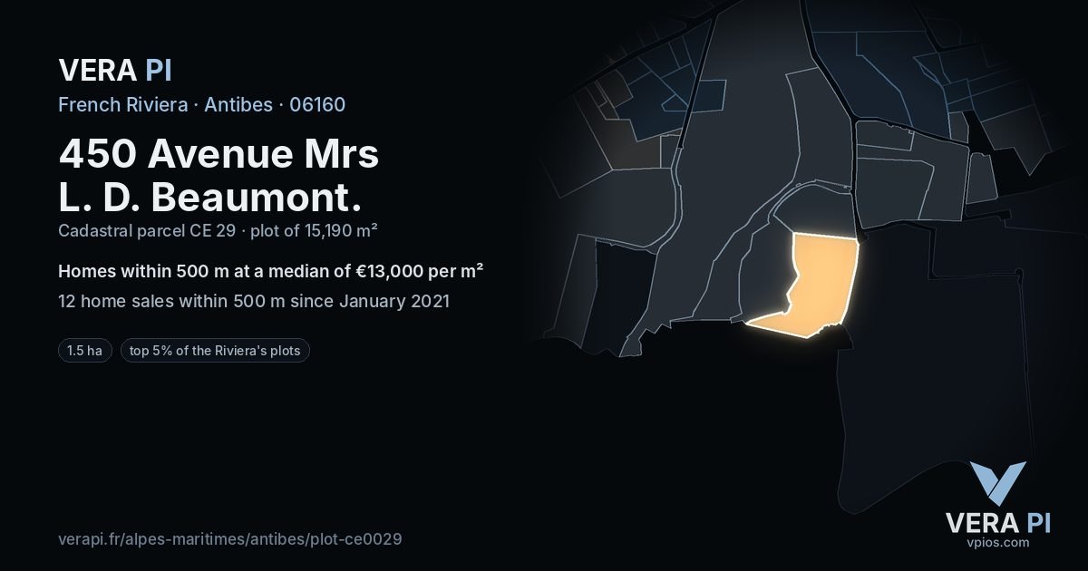 450 Avenue Mrs L. D. Beaumont, Antibes at night – the plot lit, the parcels around coloured by the prices near them