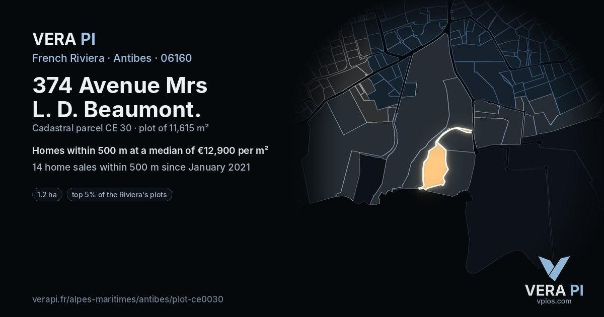 374 Avenue Mrs L. D. Beaumont, Antibes at night – the plot lit, the parcels around coloured by the prices near them