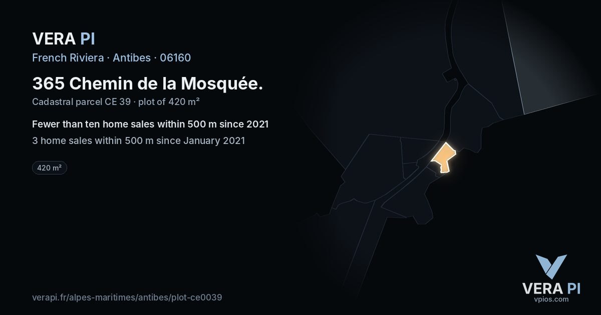 365 Chemin de la Mosquée, Antibes at night – the plot lit, the parcels around coloured by the prices near them