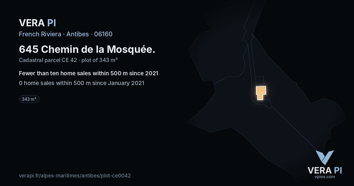 645 Chemin de la Mosquée, Antibes at night – the plot lit, the parcels around coloured by the prices near them