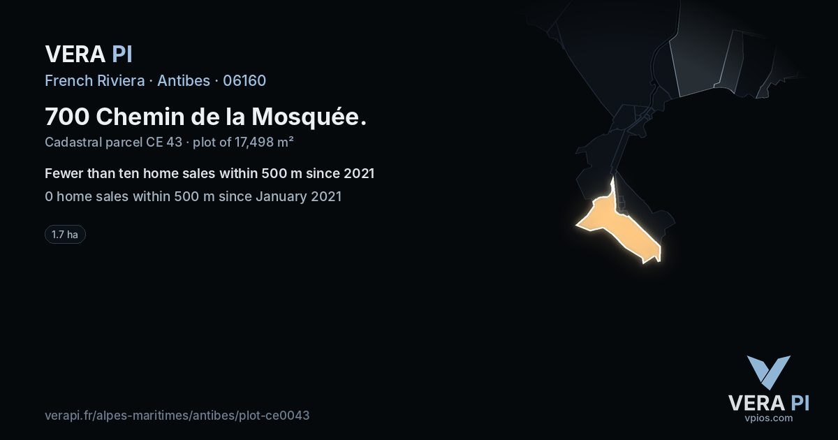 700 Chemin de la Mosquée, Antibes at night – the plot lit, the parcels around coloured by the prices near them