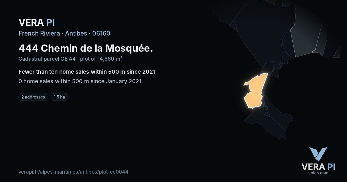 444 Chemin de la Mosquée, Antibes at night – the plot lit, the parcels around coloured by the prices near them