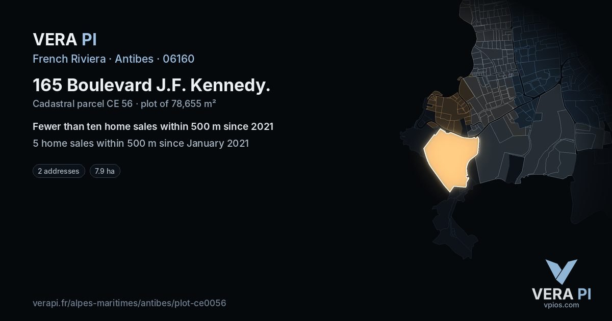 165 Boulevard J.F. Kennedy, Antibes at night – the plot lit, the parcels around coloured by the prices near them