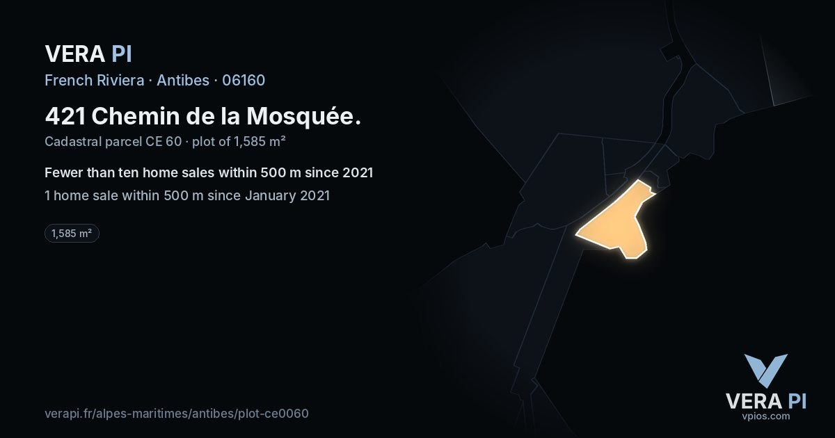421 Chemin de la Mosquée, Antibes at night – the plot lit, the parcels around coloured by the prices near them