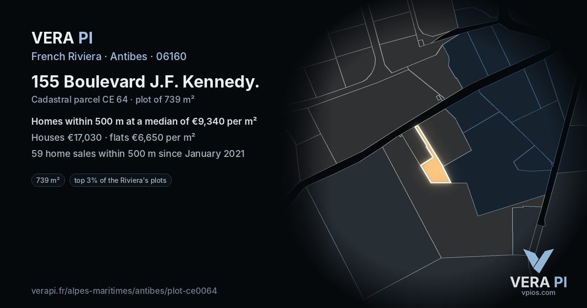 155 Boulevard J.F. Kennedy, Antibes at night – the plot lit, the parcels around coloured by the prices near them