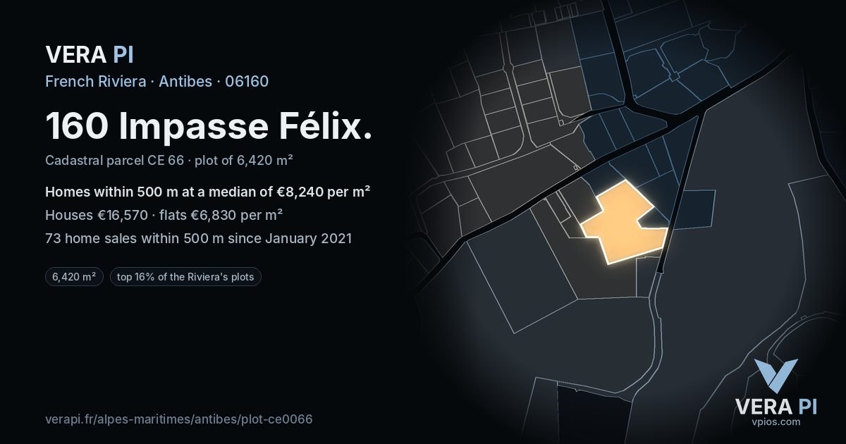 160 Impasse Félix, Antibes at night – the plot lit, the parcels around coloured by the prices near them