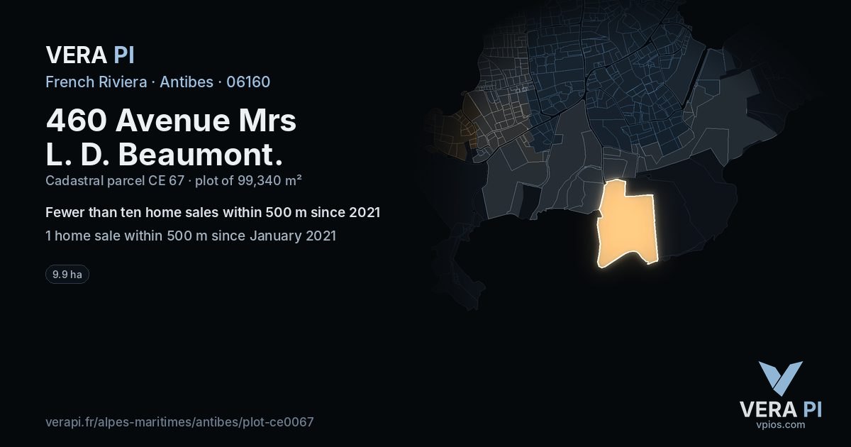 460 Avenue Mrs L. D. Beaumont, Antibes at night – the plot lit, the parcels around coloured by the prices near them