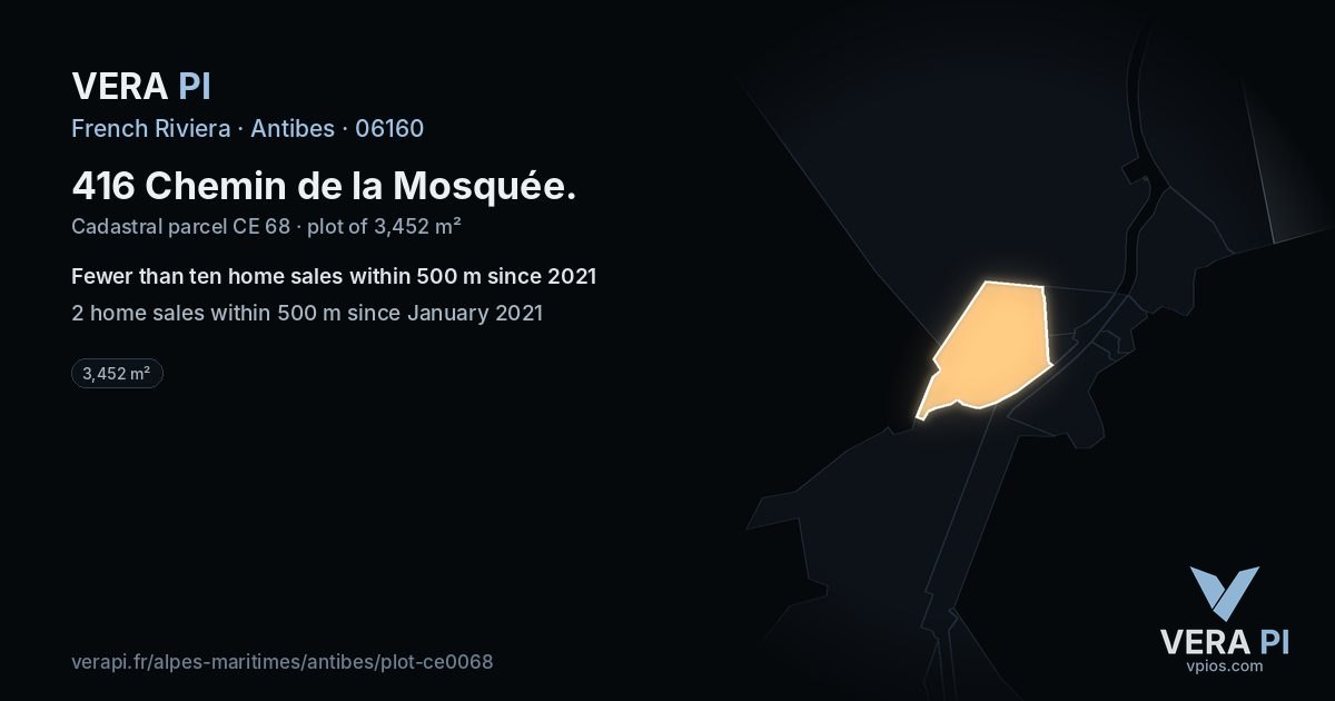 416 Chemin de la Mosquée, Antibes at night – the plot lit, the parcels around coloured by the prices near them