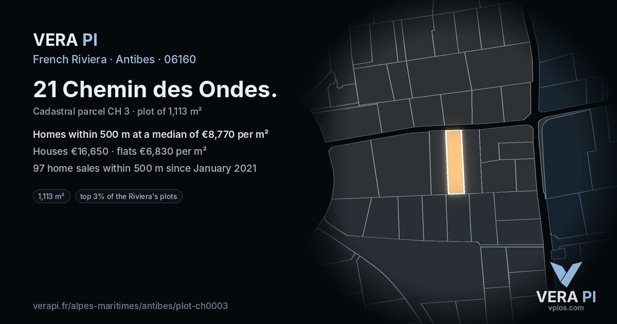 21 Chemin des Ondes, Antibes at night – the plot lit, the parcels around coloured by the prices near them