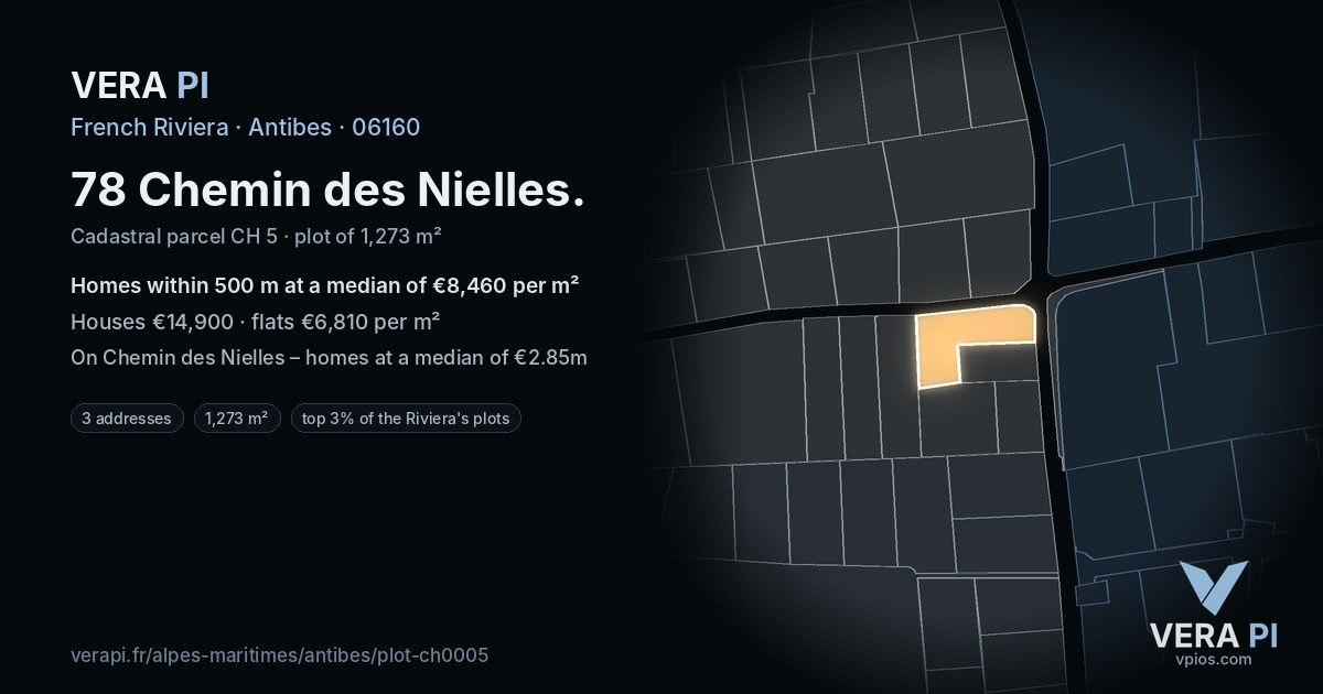 78 Chemin des Nielles, Antibes at night – the plot lit, the parcels around coloured by the prices near them