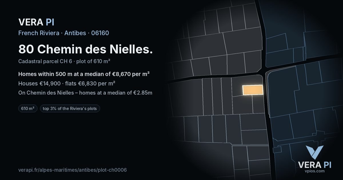80 Chemin des Nielles, Antibes at night – the plot lit, the parcels around coloured by the prices near them