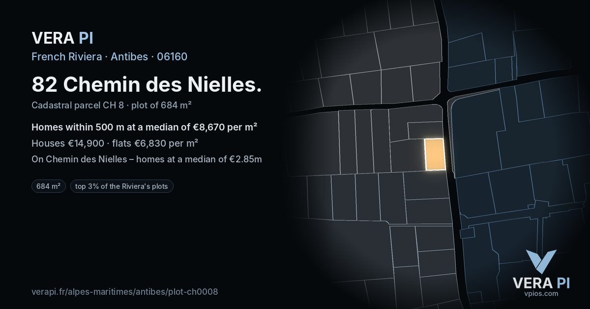 82 Chemin des Nielles, Antibes at night – the plot lit, the parcels around coloured by the prices near them
