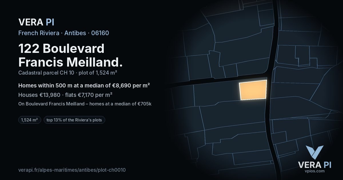 122 Boulevard Francis Meilland, Antibes at night – the plot lit, the parcels around coloured by the prices near them