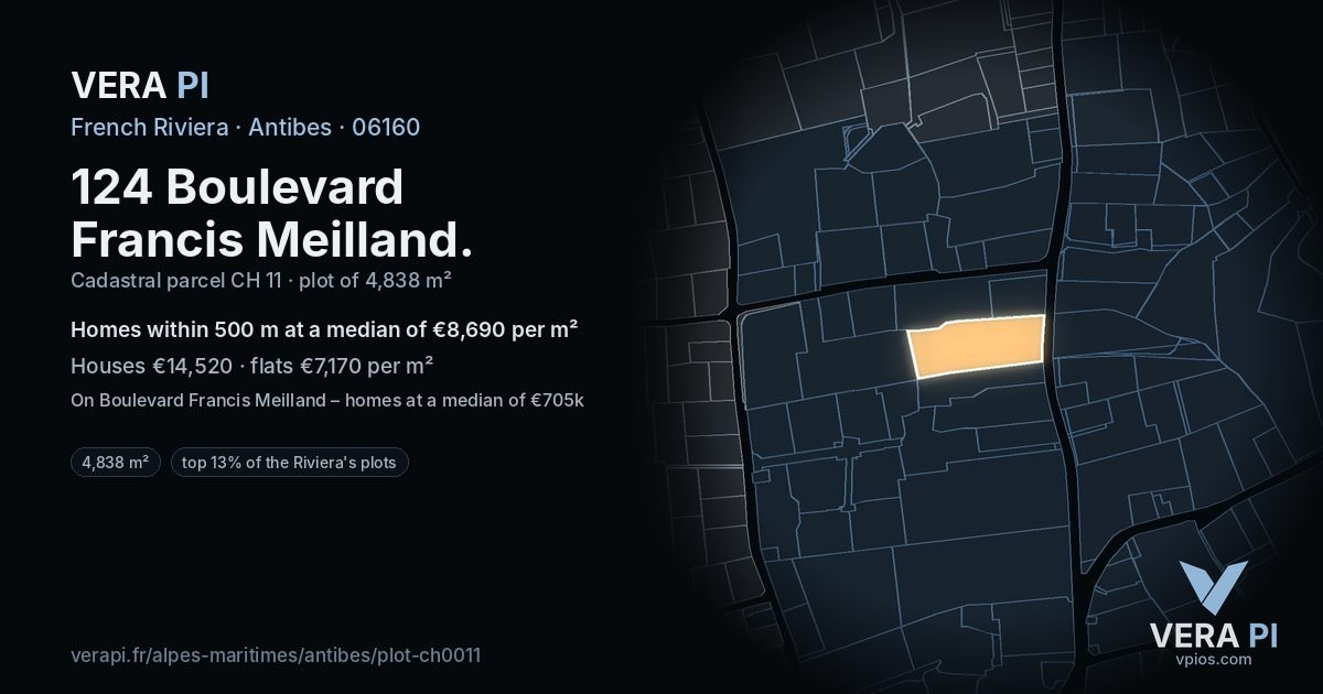 124 Boulevard Francis Meilland, Antibes at night – the plot lit, the parcels around coloured by the prices near them