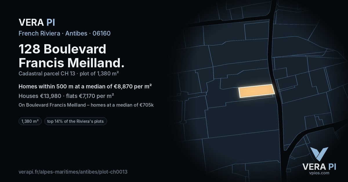 128 Boulevard Francis Meilland, Antibes at night – the plot lit, the parcels around coloured by the prices near them
