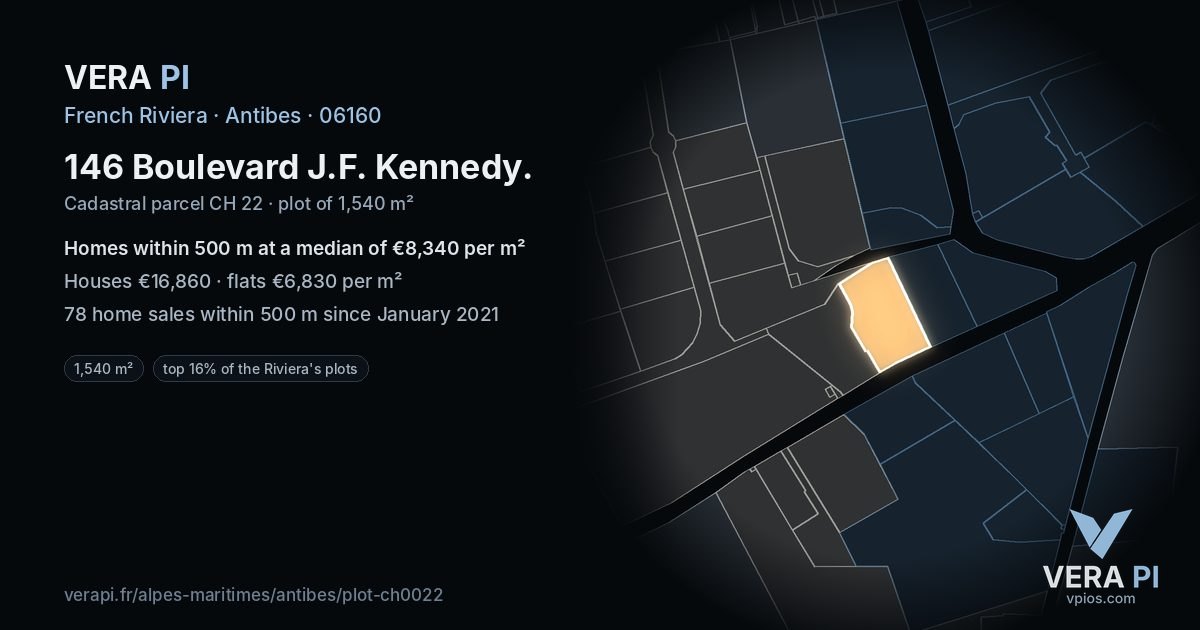 146 Boulevard J.F. Kennedy, Antibes at night – the plot lit, the parcels around coloured by the prices near them