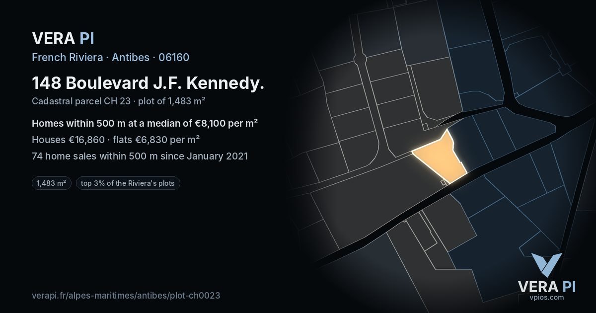 148 Boulevard J.F. Kennedy, Antibes at night – the plot lit, the parcels around coloured by the prices near them