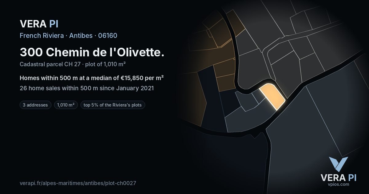 300 Chemin de l'Olivette, Antibes at night – the plot lit, the parcels around coloured by the prices near them